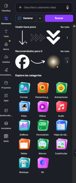Panel Elementos de Canva con todas las categorías