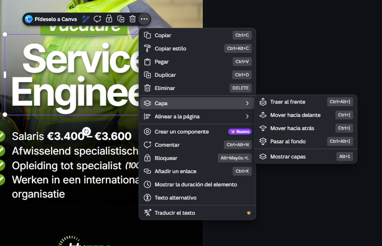 Menú contextual de Canva con submenú Capas desplegado