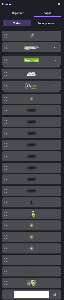 Panel Posición/Capas de Canva con la lista completa de elementos