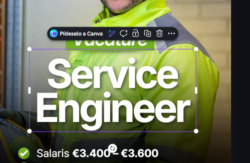 Bounding box morado con tiradores y toolbar contextual flotante de Canva sobre un texto